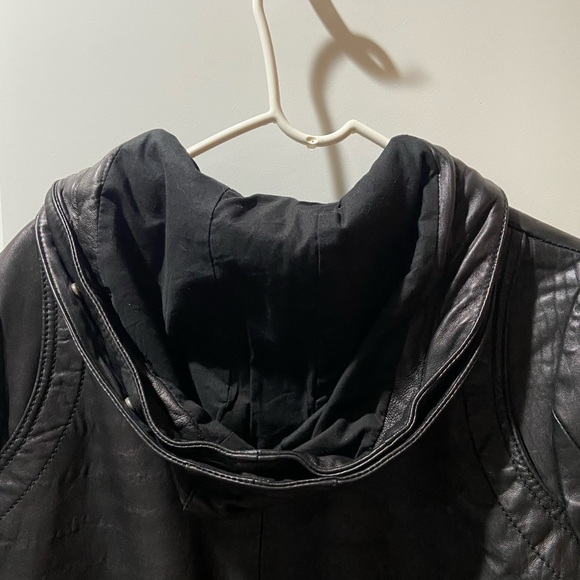 Black Leather Jacket with Fur Hood - Picture 10 of 13